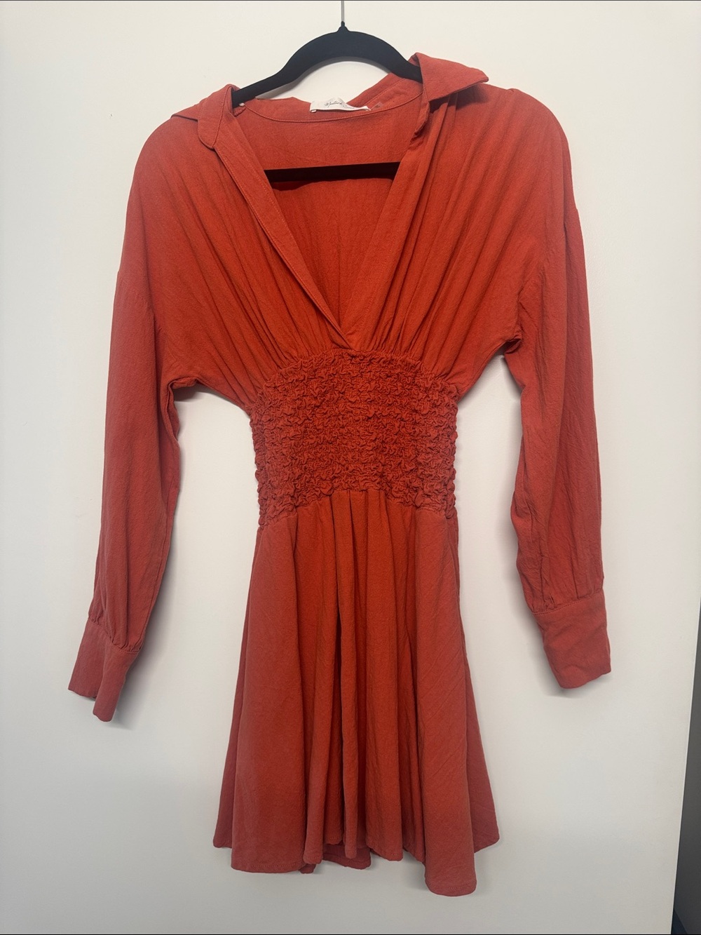 Mustard Seed Rust Orange Smocked Waist V-Neck Long Sleeve Dress